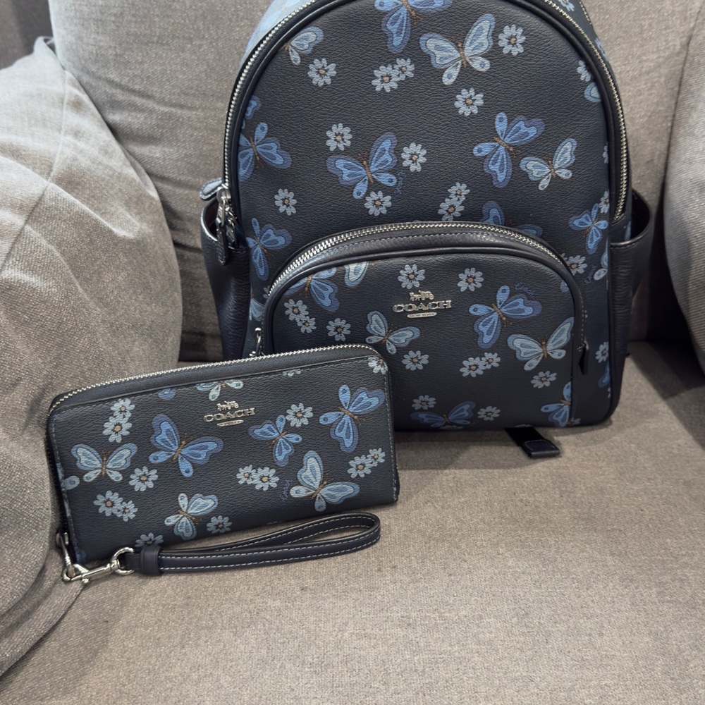 Coach Blue Floral Butterfly Backpack and Wallet